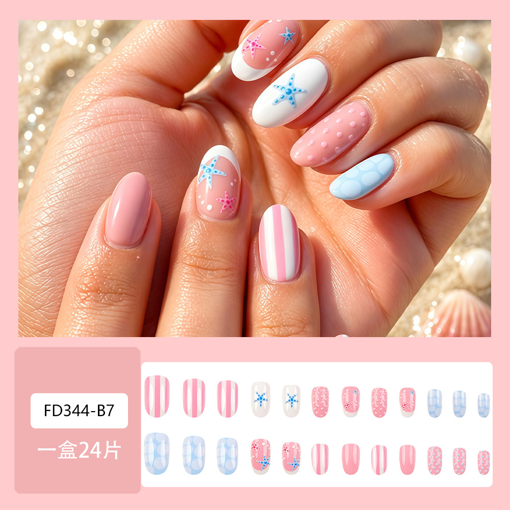 Verano estereoscópico estrellas de mar francesas 24 piezas rosa azul ondulado punto rayas manicure comercio exterior parches de uñas al por mayor