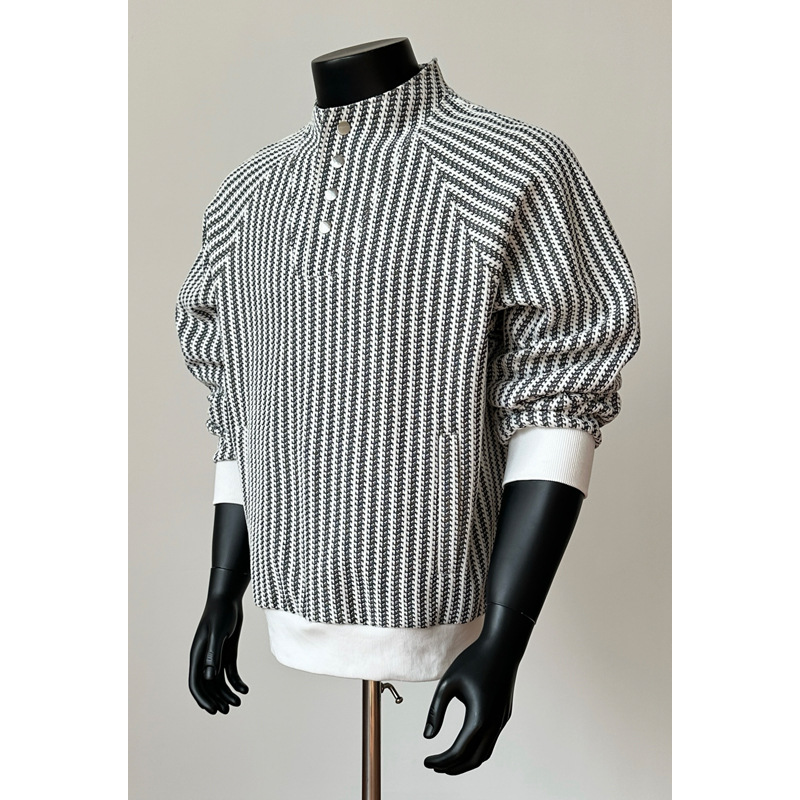 Fishbone Stripe Color-blocked -style Sweatshirt For Men And Women, Autumn High-end Design, Buttoned Henley Collar_voghion.com