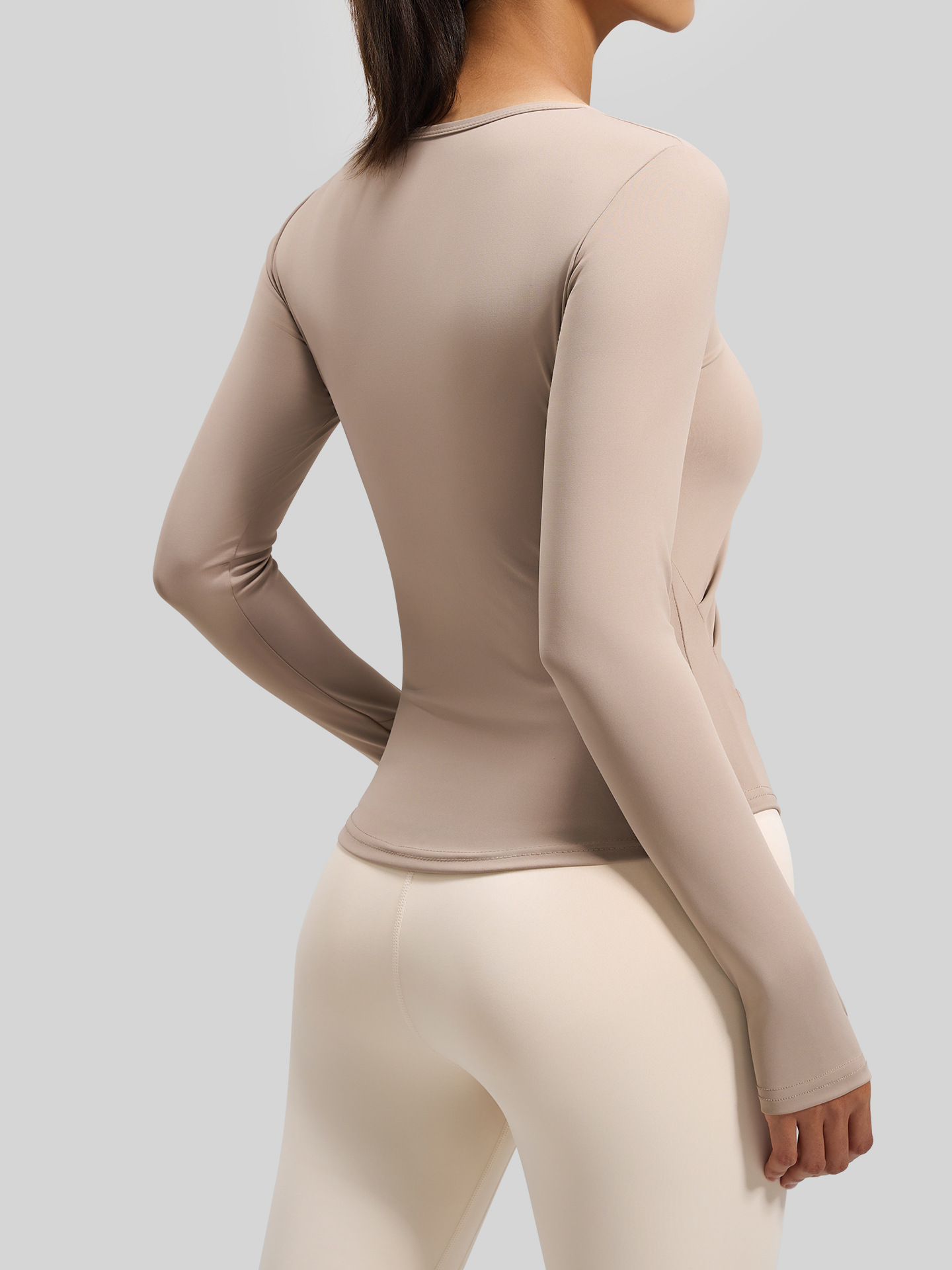 Juyitang, ropa de yoga desnuda de manga larga con cuello en V, cintura plisada, aspecto adelgazante, top deportivo ajustado para fitness