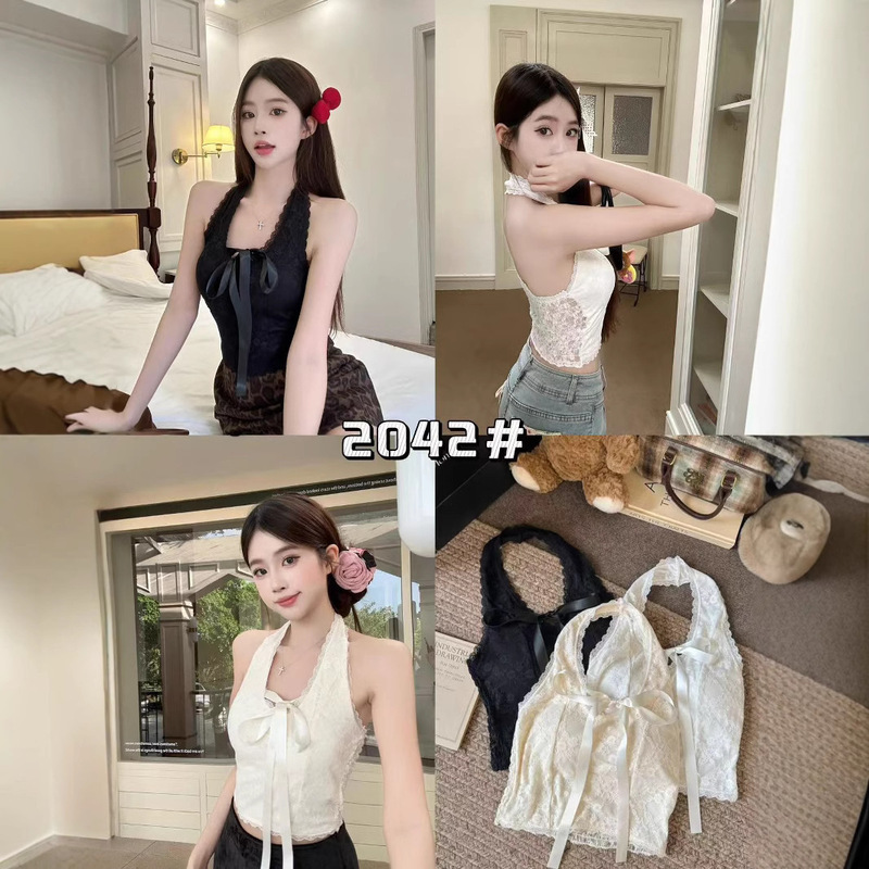 2042# New Bow V-Neck Lace Jacquard Neck Strap Vest Chest Pad One Cup Pure Backless Strapless