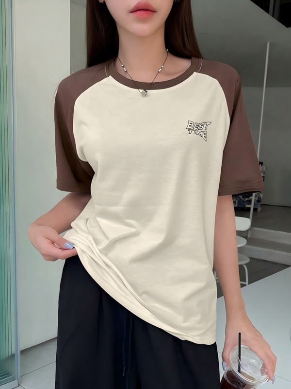 2025 Amazon temu Xiyin 人気の女性の夏の Tシャツ夏ショートカラーブロックラウンドネック半袖 Tシャツ女性|undefined