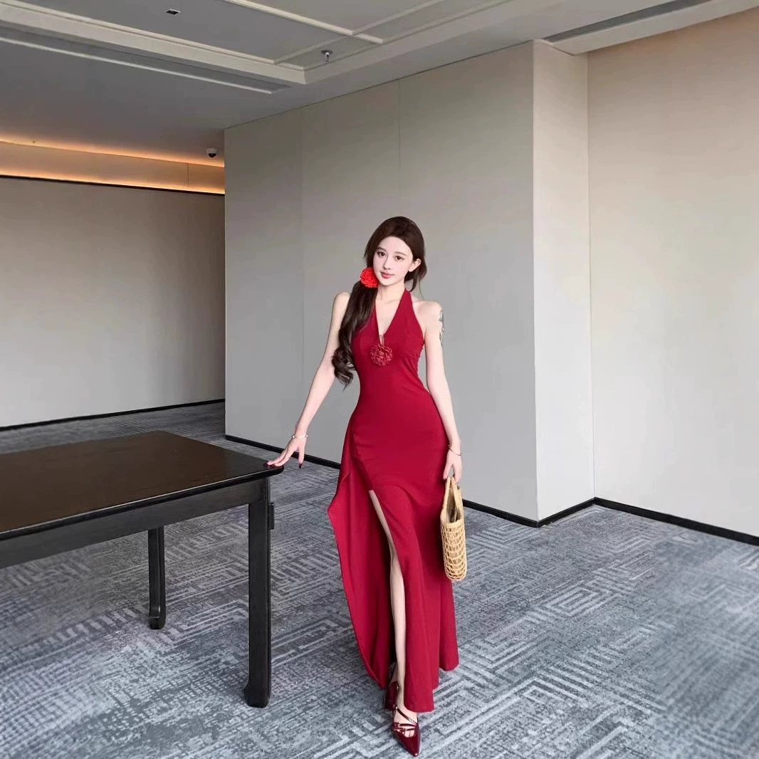 Красное трехмерное цветочное платье с шеей женское летнее облегающее платье длинное платье