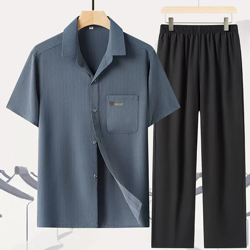 口袋绣花衬衫短袖男士运动套装夏季两件套薄款中老年男款休闲套装