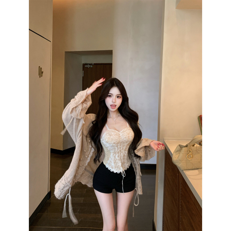 慵懒长袖针织毛衣外套蕾丝吊带背心包臀短裤三件套套装女|undefined