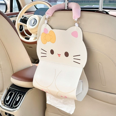 Seat Back, Cute and Fun — Car tissue box/set - yellow-bow-cat-leather-paper-bag