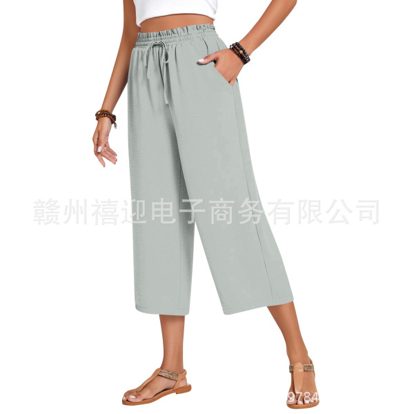 2025 New Amazon Cross-Border Women's Linen High-Waist Casual Pants Solid Color Elastic Waist Tie Loose Wide-Leg Pants