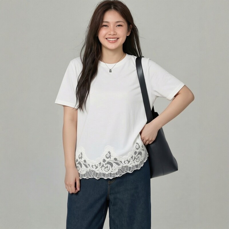 Plus-Size Women's Beautiful Tops, Very Attractive Lace Trim, Slim-Fit Short-Sleeve White Loose T-Shirt 3508 Plus-Size Women's Beautiful Tops, Very Attractive Lace Trim, Slim-Fit Short-Sleeve White Loose T-Shirt 3508