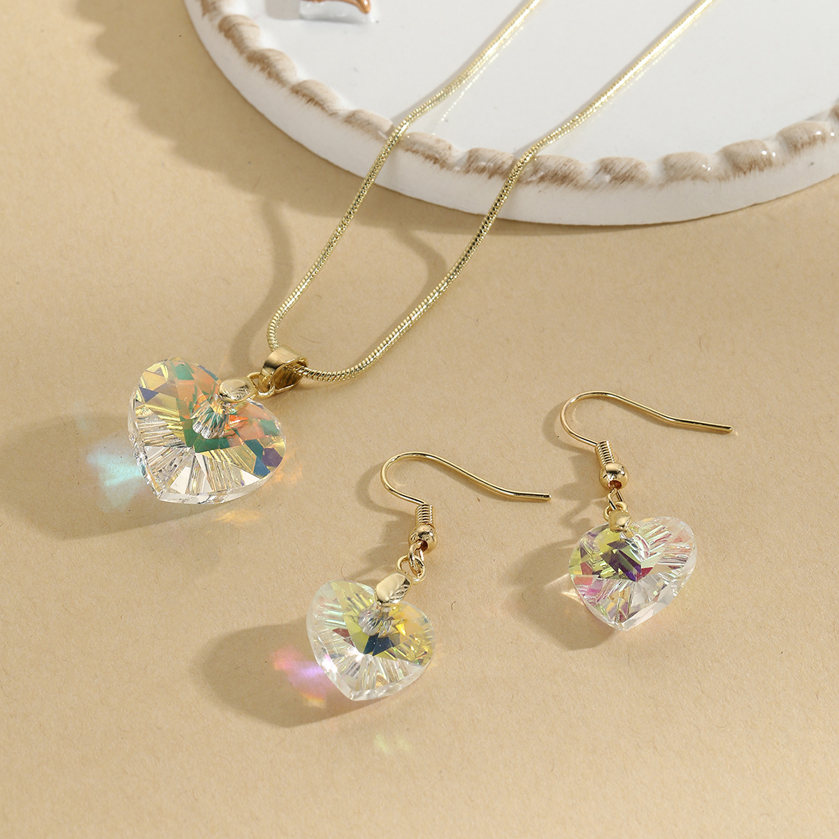 10g Weight Jewelry Set Classification Earrings + Necklace Quantity Holiday, Date Occasion Artificial Crystal, Alloy Material Heart Shape, Rectangle Pattern Women's Gender Simple Style Style Simple Style Heart Shape Rectangle Artificial Crystal Alloy Women's Jewelry Set 1