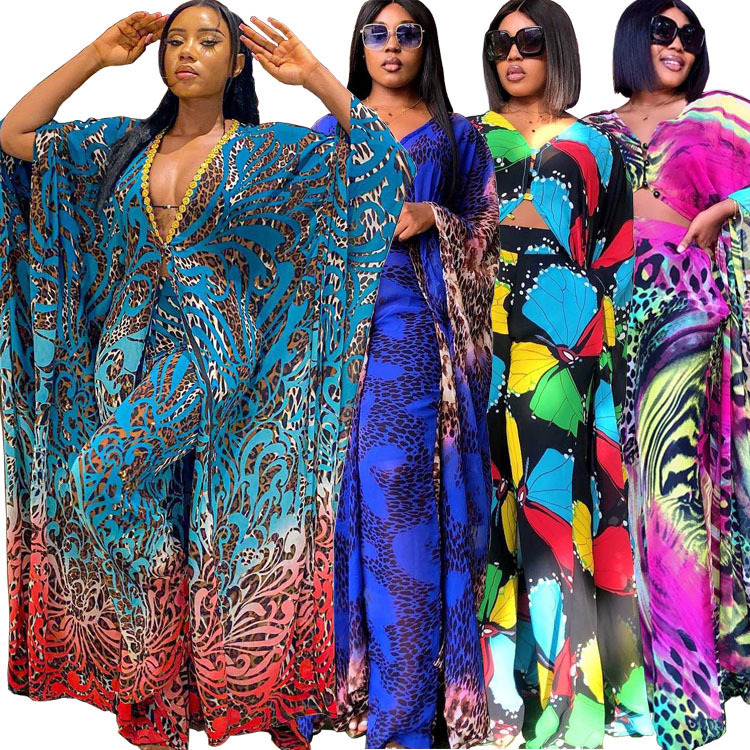 2023 European and American Amazon new printed chiffon cardigan V-neck loose plus size robe trousers two-piece suit