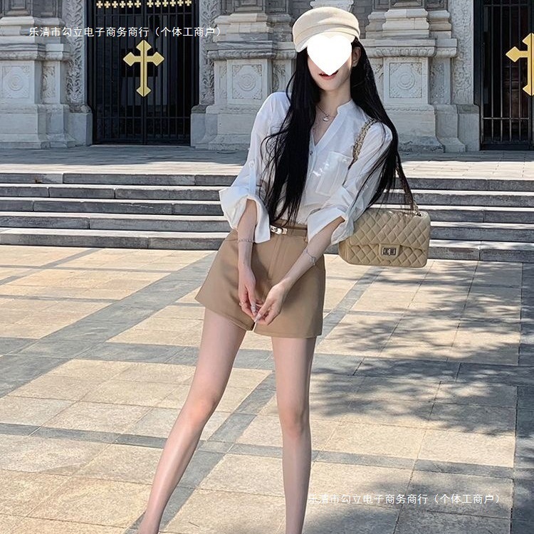 白色口袋衬衫套装女高腰显瘦短裤两件套装2025气质淑女百搭高级感|undefined