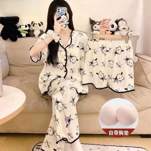 2025 Popular Three-Piece Pajamas with Breast Pads for Women Summer Thin Short-Sleeved Cute Women's Young Home Wear Set
