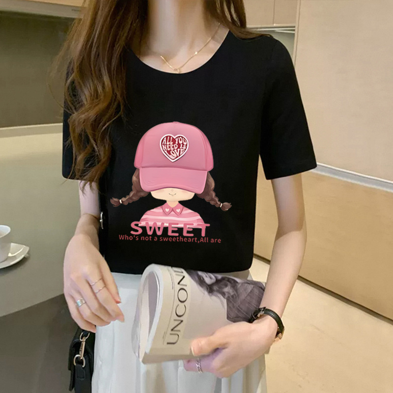 Pure Cotton Shoulder Short-sleeved T-shirt Women's 2025 Summer New Arrival Slimming Retro Loose Casual Printed Small Shirt Top Trendy Pure Cotton Shoulder Short-sleeved T-shirt Women's 2025 Summer New Arrival Slimming Retro Loose Casual Printed Small Shirt Top Trendy