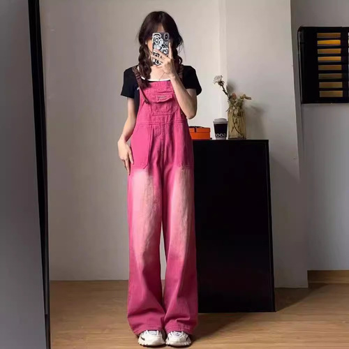 2024 New Retro Fire Dragon Red Denim Overalls Women's Summer Loose One-piece Straight Wide-leg