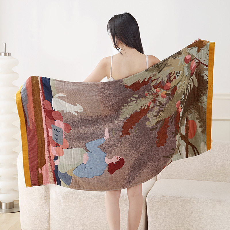 Pure Cotton Gauze Bath Towel for Home Use, Large Size, Impressionist Oil Painting Style, Thickened Four-Layer Cotton Gauze Bath Towel