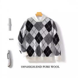双股加厚100%纯羊毛衫男士圆领方格拼色长袖套头毛衣针织衫秋冬