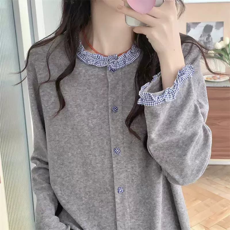 睡衣女韩系ins毛巾绒格子花边圆领简约舒适拼接套装休闲家居服秋