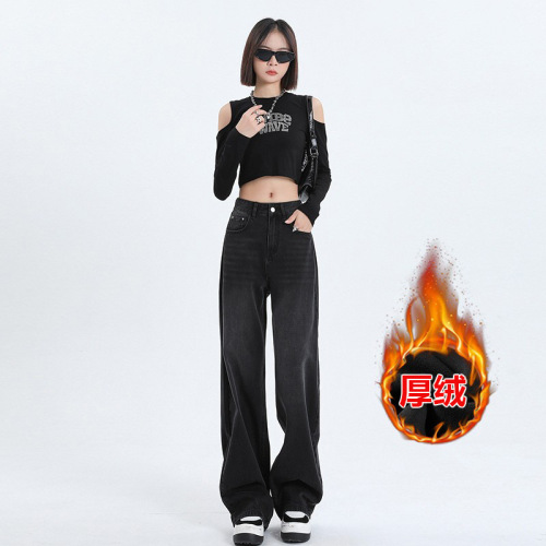Women's Warm Fleece Jeans, Loose Wide Leg Pants, Vintage Straight Leg, for Amazon, Ozon, and AliExpress Cross-Border E-commerce