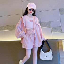 网红女童韩版纯色套装中大童夏装洋气防晒外套字母背心短裤三件套