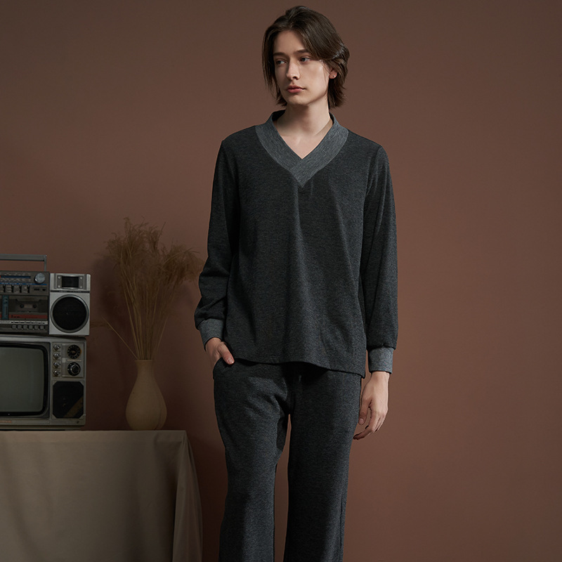 Couple's Pajamas Men's Autumn and Winter New Double-Sided Fleece Solid Color Long-Sleeved Trousers Two-Piece Outfit Bundle Foot Home Clothes