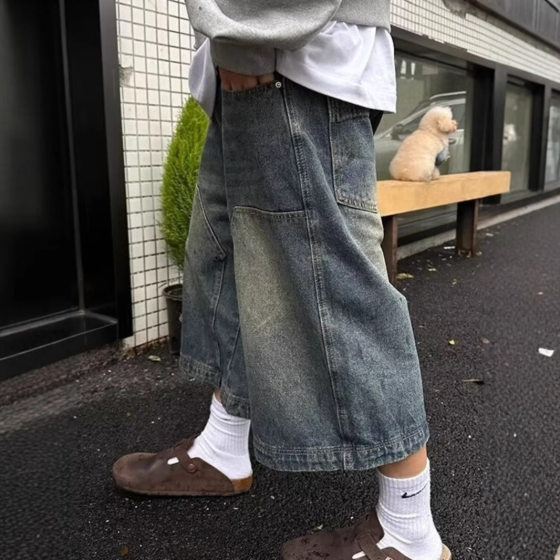 American Vintage Denim Shorts Men's and Women's Straight Wide-leg Pants Old Casual All-match Capri Pants Washed High Street Pants