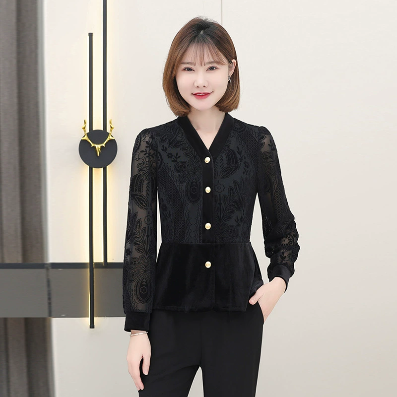 Женская кружевная бархатная рубашка с V-образным вырезом, черная, стильная облегающая базовая рубашка с длинными рукавами и вырезами на весну и осень, топ для похудения.