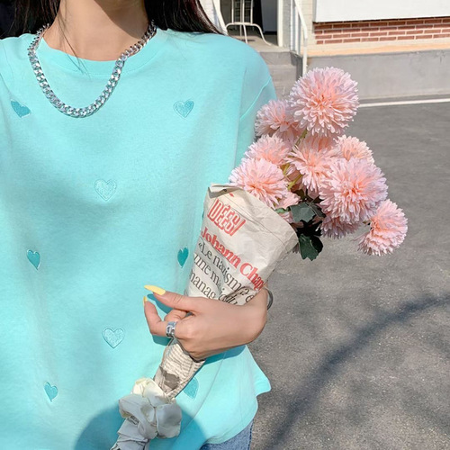 Women's Short Sleeve T-Shirt 2025 Summer Outfit Trendy Crew Neck Heart Embroidery Loose Korean Style Top