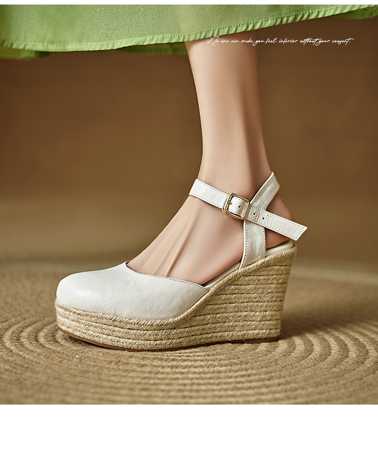 Sandal cao gót nữ quai ngang đế xuồng đan rơm, gót 9 cm — Rượu vang đỏ, màu trắng ngà chi tiết 3