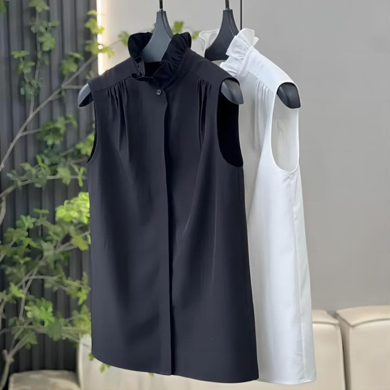 Plus Size Spring Hepburn Style Stand Collar Shirt Women's Top Solid Color Layered Elegant Loose Inner Sleeveless Base Shirt Plus Size Spring Hepburn Style Stand Collar Shirt Women's Top Solid Color Layered Elegant Loose Inner Sleeveless Base Shirt