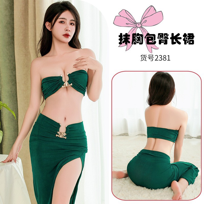 Sexy Lingerie Strapless Temptation Tight High Split Hip Long Dress Nightclub Dance Dress 2381