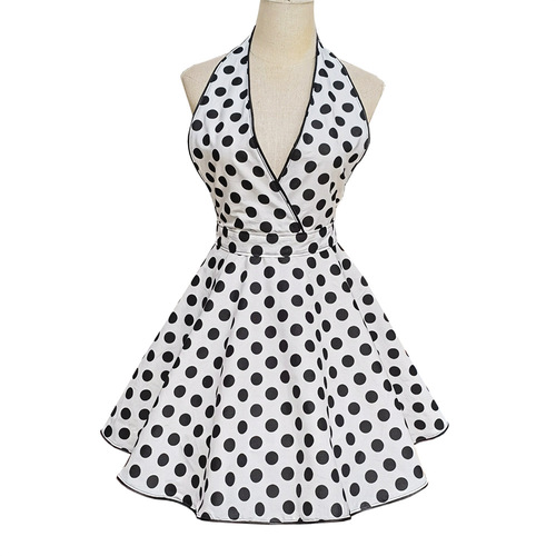 Vintage polka dot V-neck apron for women, housekeeping daily use, hotel, adult work apron