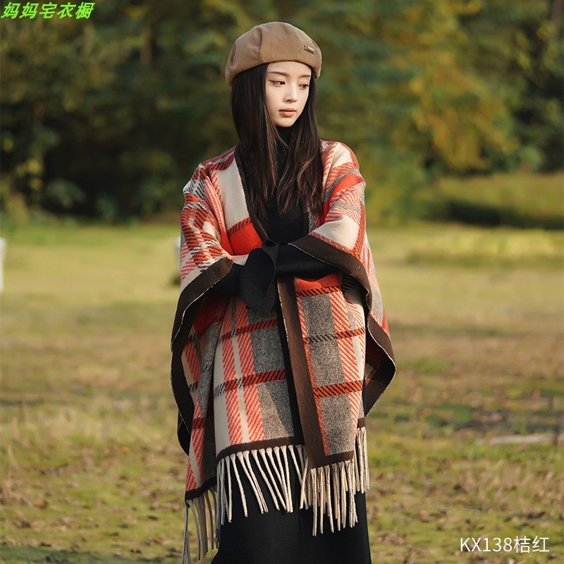 Chaqueta de abrigo de capas de bordas a cuadros franceses de otoño para mujeres con un pequeño chal de lana con una bufalla de abrigo grueso