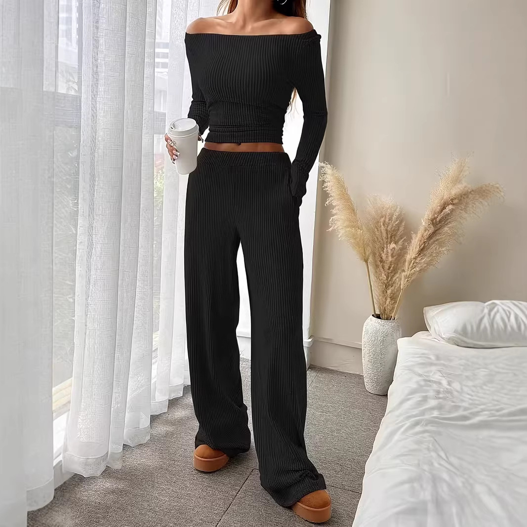 Women's Clothing Fashion Off Shoulder Slim Fit Women's Long Sleeved Two Piece Set American Style Trousers_voghion.com