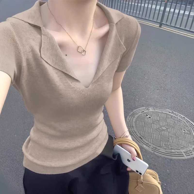 Factory Direct Sale French V-Neck Old Money Style Short-Sleeve Women's Regular Shoulder T-Shirt Summer Turn-Down Collar Slim-Fit Knit Polo Shirt Top Factory Direct Sale French V-Neck Old Money Style Short-Sleeve Women's Regular Shoulder T-Shirt Summer Turn-Down Collar Slim-Fit Knit Polo Shirt Top