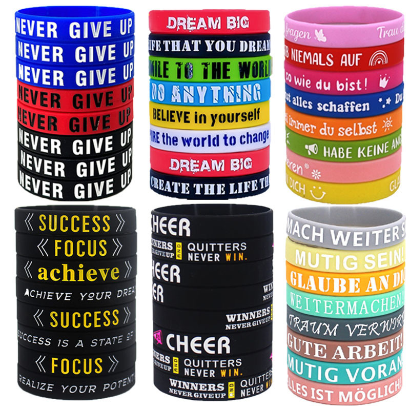Hot-Selling Never Give up German Inspirational Silicone Bracelet Positive Energy English Quotes Rubber Wristband Wholesale New Style