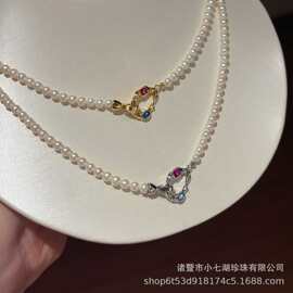 天然淡水珍珠3-4mm搭配彩宝工艺扣珍珠项链光泽温柔金银两色可选
