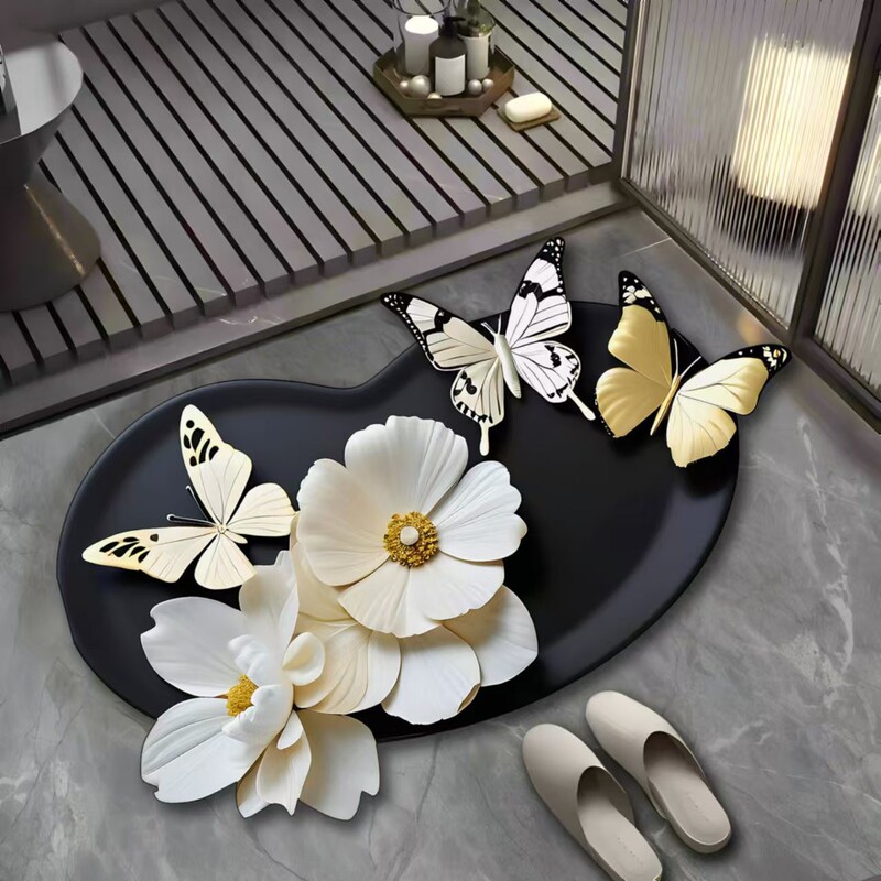 メーカー直送 フレンチバタフライ 花柄 特殊形状珪藻泥フロアマット 浴室トイレ吸水速乾フットマット|undefined