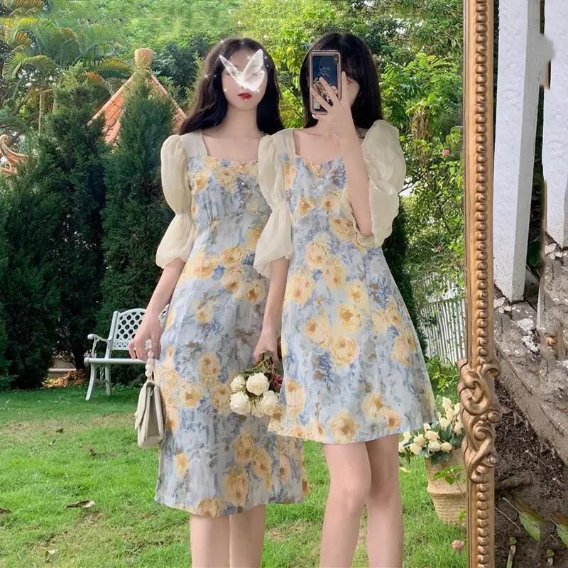 Summer 2025 New Sweet Floral Elegant, Very Fairy Mid-Length Waist Slimming Look Bestie Short-Sleeved Dress for Women