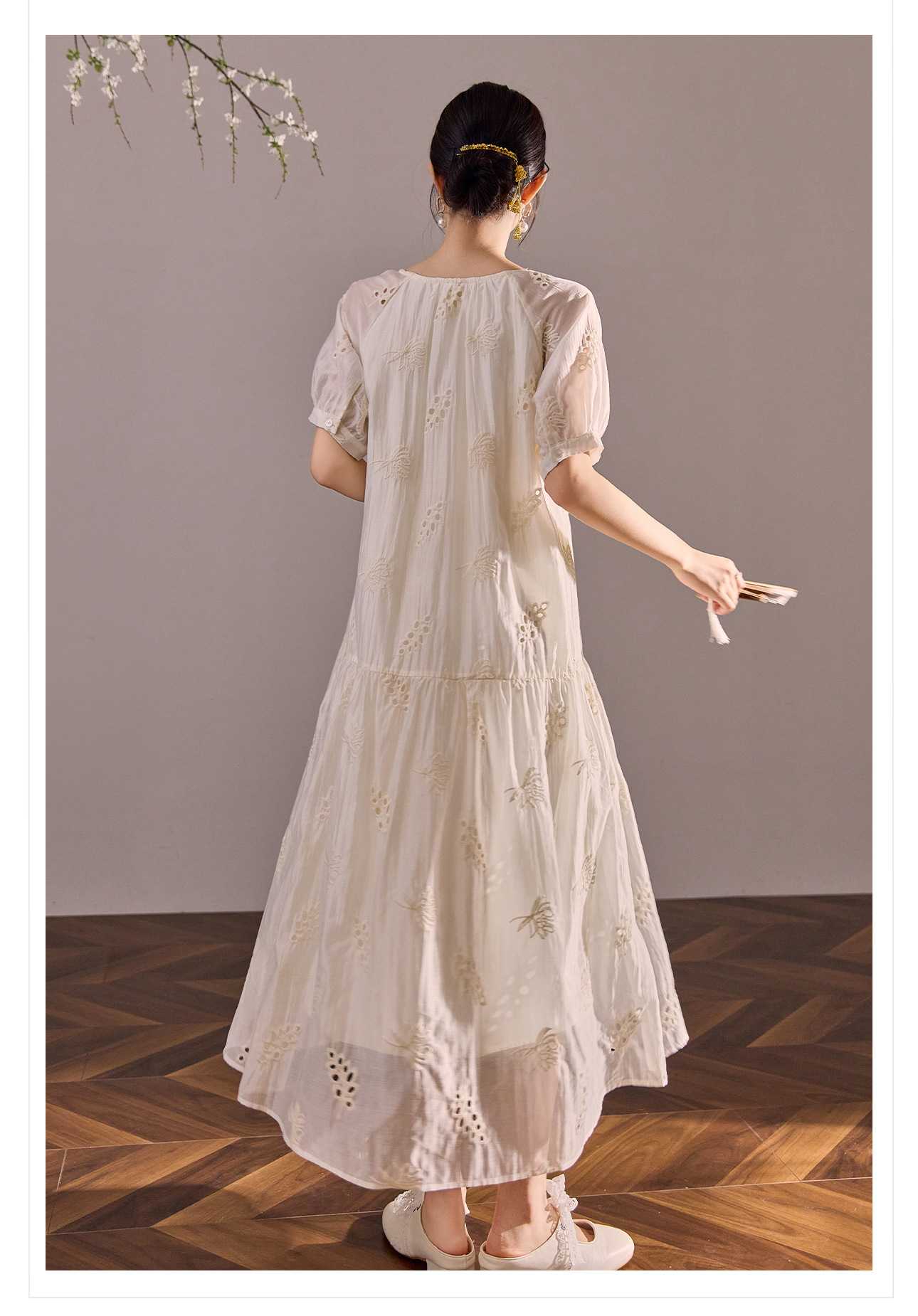 Váy maxi dáng rộng phong cách Trung Hoa mới cao cấp mùa hè chất Tencel cho người dáng nhỏ — Màu trắng nhạt chi tiết 16