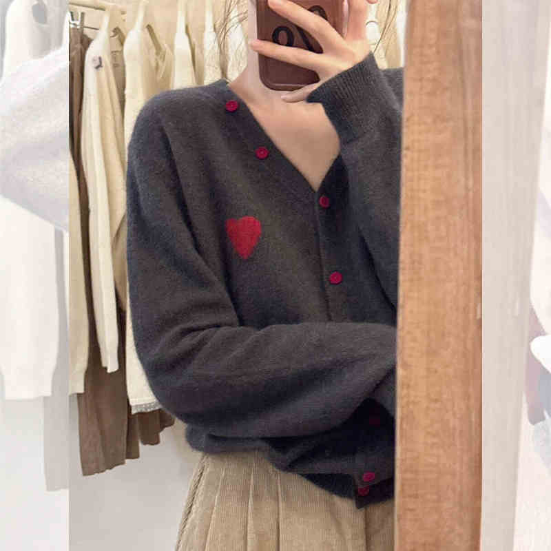 小个子灰色v领短款开衫毛衣外套女春秋季爱心刺绣针织衫长袖上衣|undefined