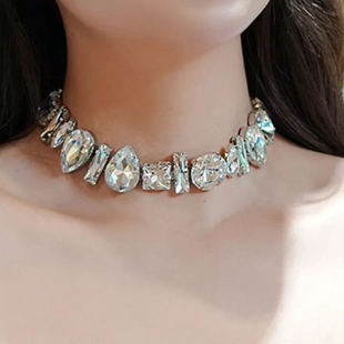 Small Clear Advanced Sense Rhinestone Chain Necklace INS Cold Style Metal Thick Chain Distinctive Clavicle Chain for Summer