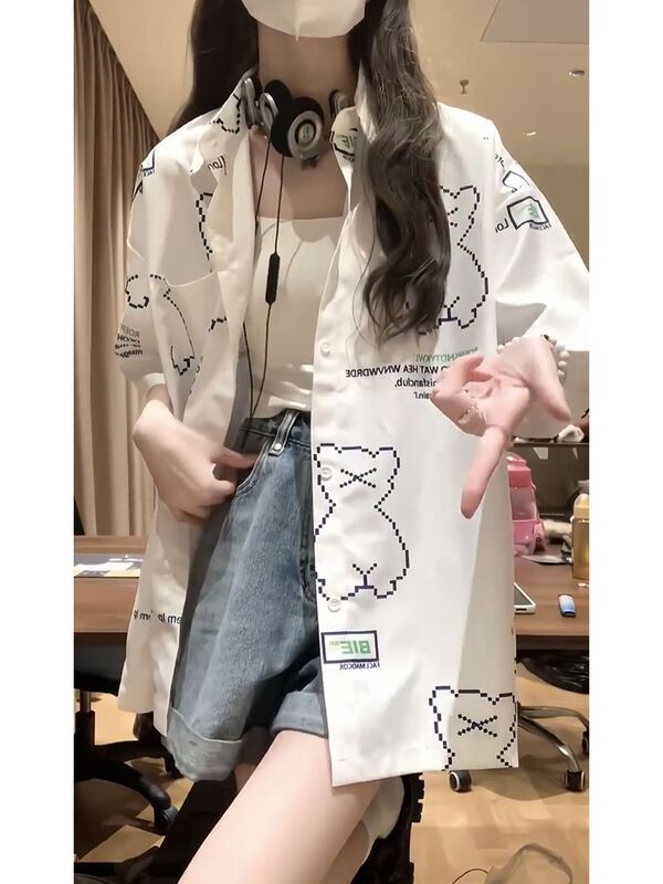 美式复古盐系小熊短袖衬衫女2025夏季chic慵懒衬衣小个子上衣|undefined