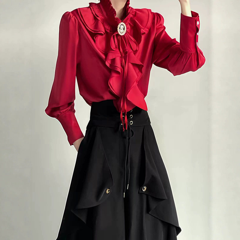 Chinese-style spring and autumn new warm ruffled long-sleeve shirt, high-end elegant women's top with unique design Chinese-style spring and autumn new warm ruffled long-sleeve shirt, high-end elegant women's top with unique design