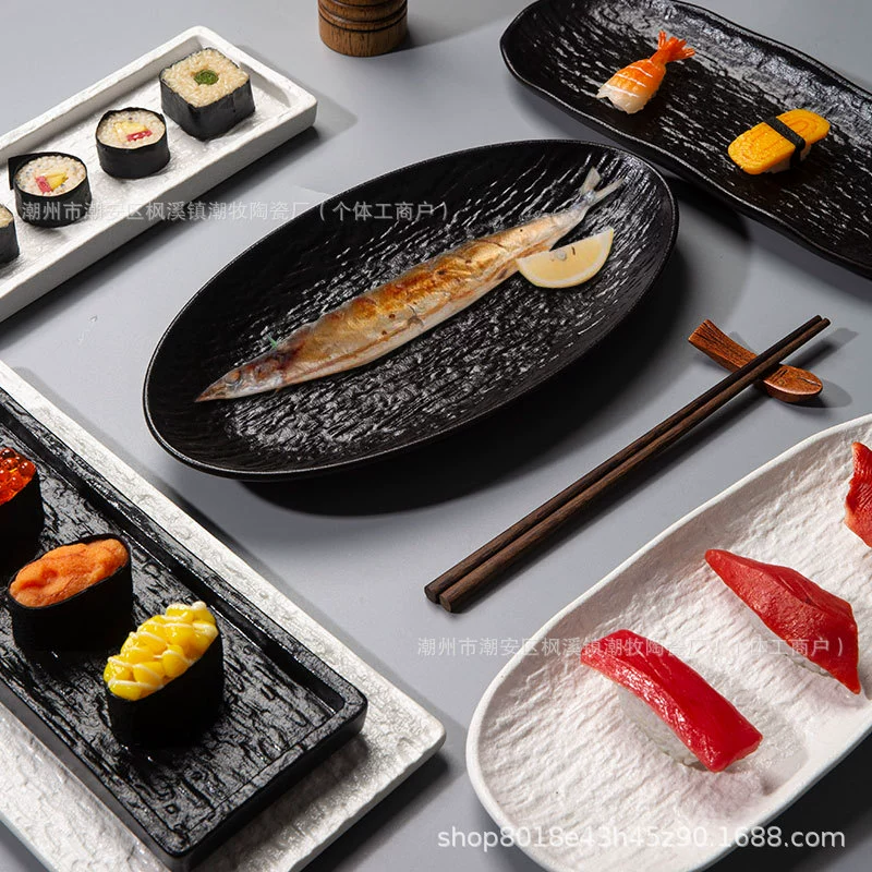 Stone‑pattern serving plates collection, multiple shapes (6–12") in white & black, thick edge