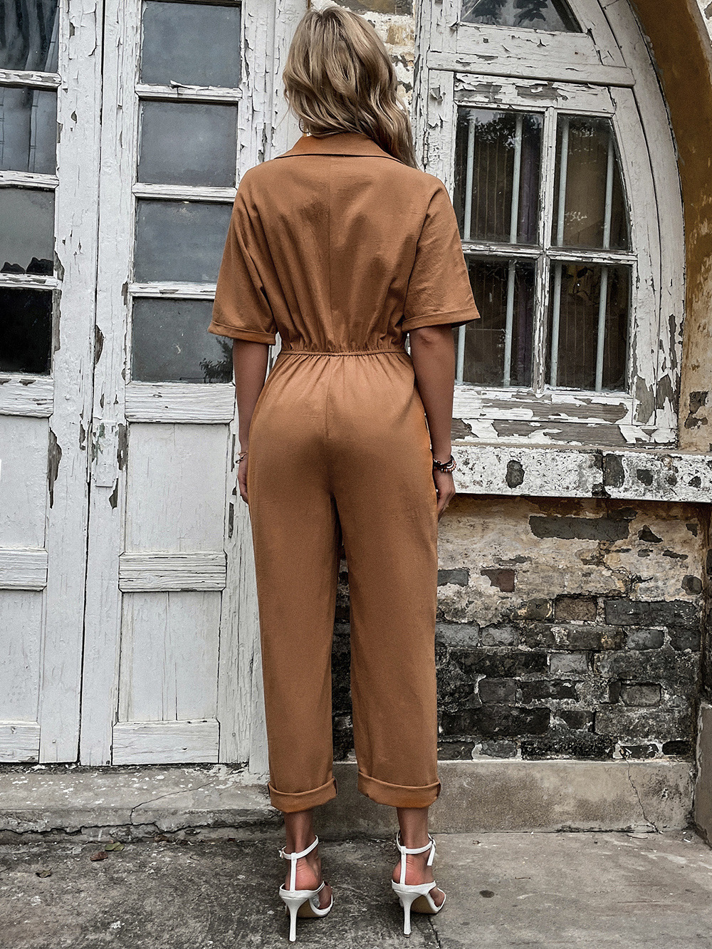 Casual Solid Color Single-Breasted Lapel Mid-Sleeve Jumpsuit - Jumpsuits & Rompers - Uniqistic.com