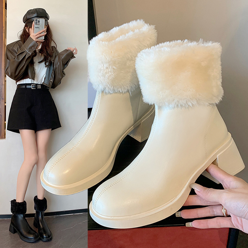 Coarse Heels, Fluffy Short Boots, Women's White 2023 New Winter Velvet Thickening, Western Style Korean Internet Red Slimming Boots_voghion.com