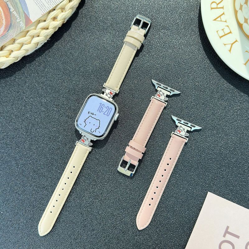 适用苹果表带AppleWatch1-11代/Ultra3/SE爱心小猫皮质手表带|undefined