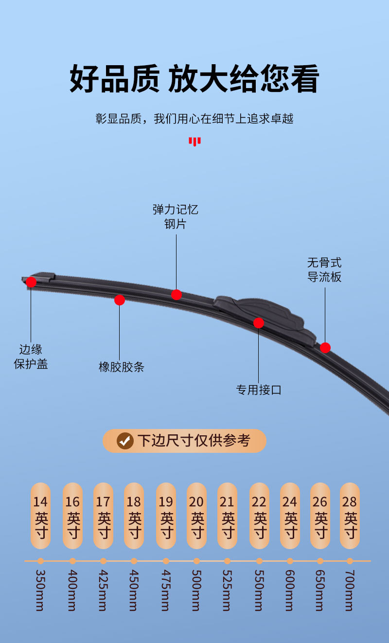 Wholesale multifunctional head-changing boneless wiper universal fit any model universal front wiper factory direct sales