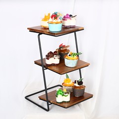 Three-layer iron storage rack, acacia wood tray, cake dessert tray, tasting plate, fruit ornaments, afternoon tea display stand