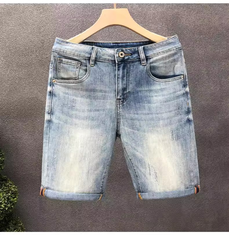 Light Blue Men's Distressed Denim Shorts High Waist Stylish Straight Leg Mid-Length Five Pocket Summer Trendy Clothing_mkmklike.com