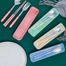 三件套不锈钢小麦竹节便携式餐具套装  学生筷子勺子叉子盒子批发
